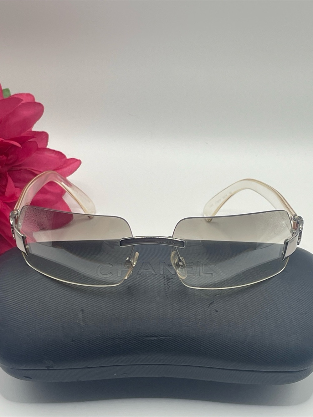 Vtg Chanel 4048 Rimless Sunglasses Silver Frame Grey Gradient Lenses Y2K Style